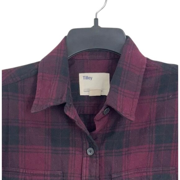 Tilley Womens Long-Sleeve Plaid Button-Up Shirt SZ L Cotton Blend BurgundY Black - Picture 2 of 11